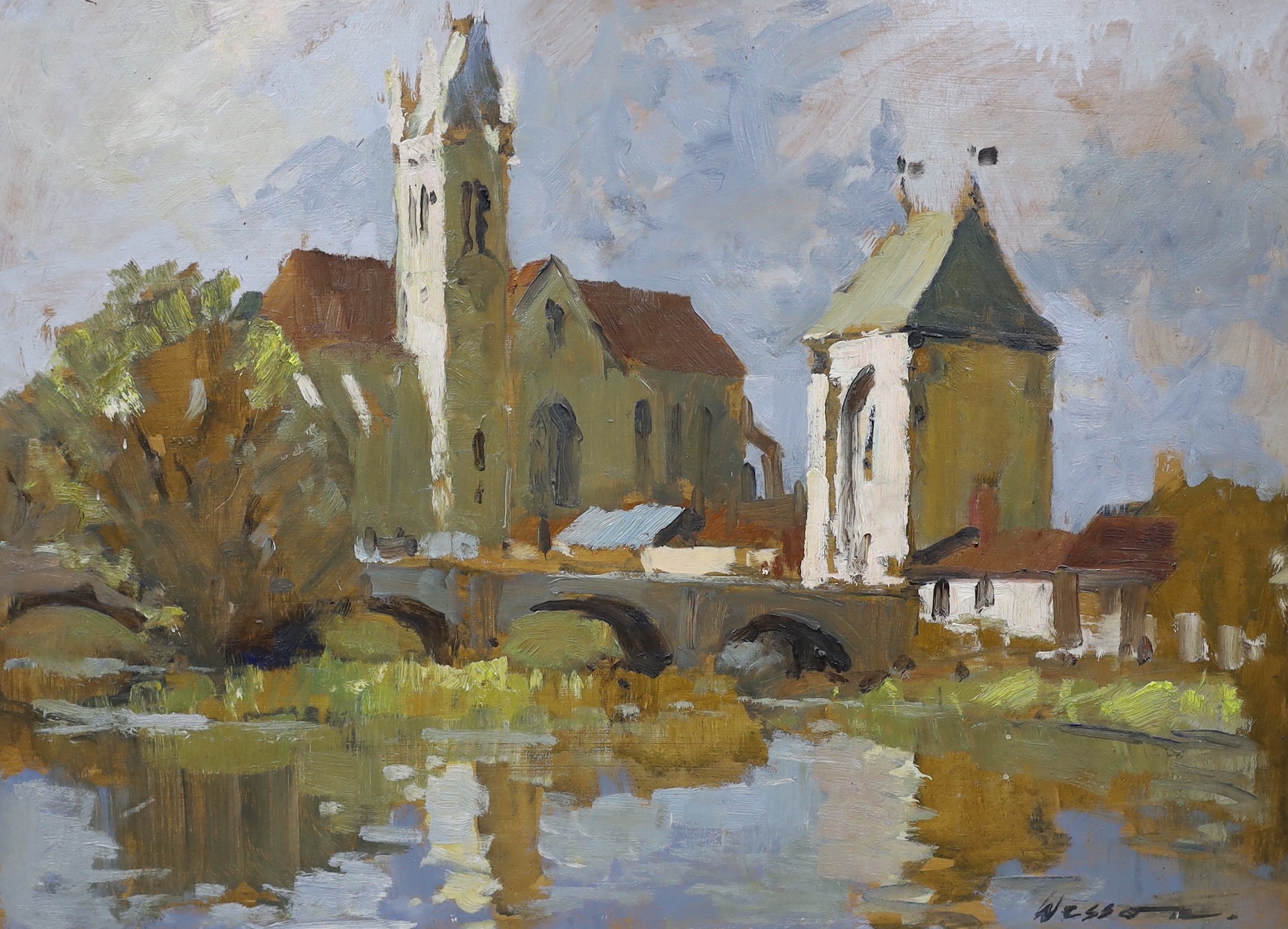 Edward Wesson (1910-1983), oil on panel, French riverside church, signed, 45 x 60cm